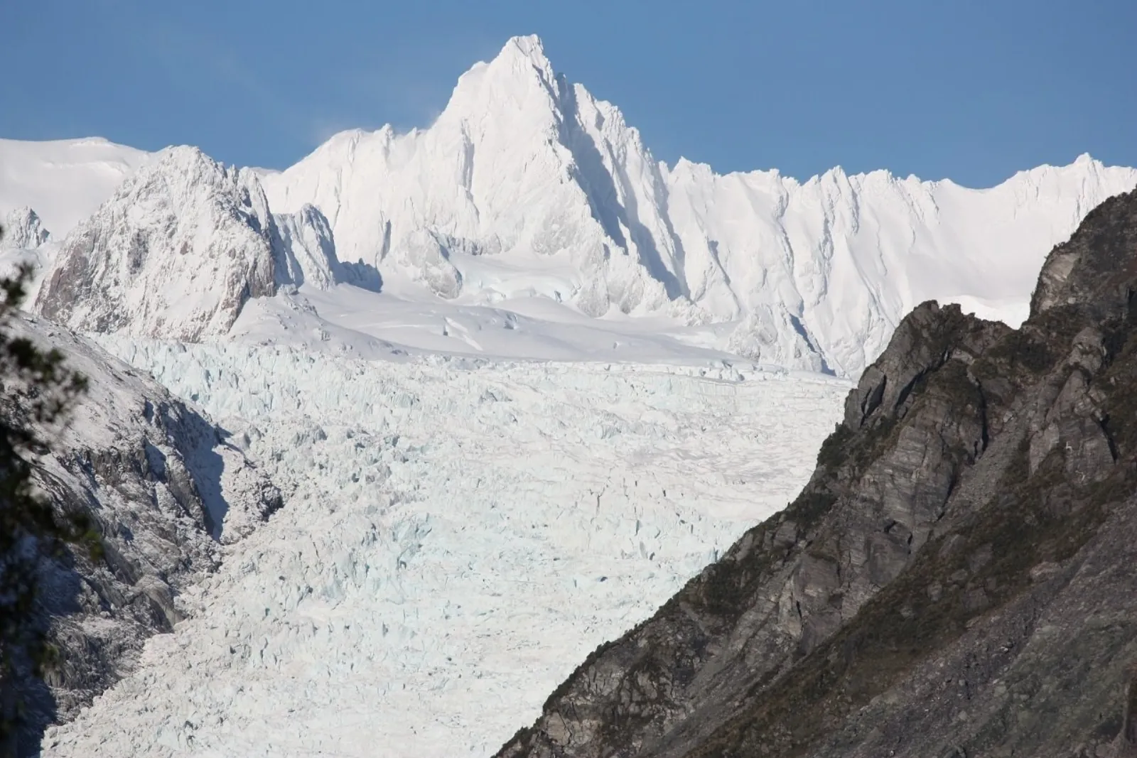 Fox Glacier icefall below a sharp snow-covered peak under a blue sky